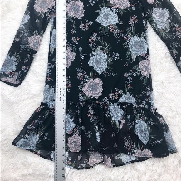 H&M Divided Black Floral 3/4 Sleeve Sheer Shift Dress Ruffle Edge Size 2 - Picture 3 of 7